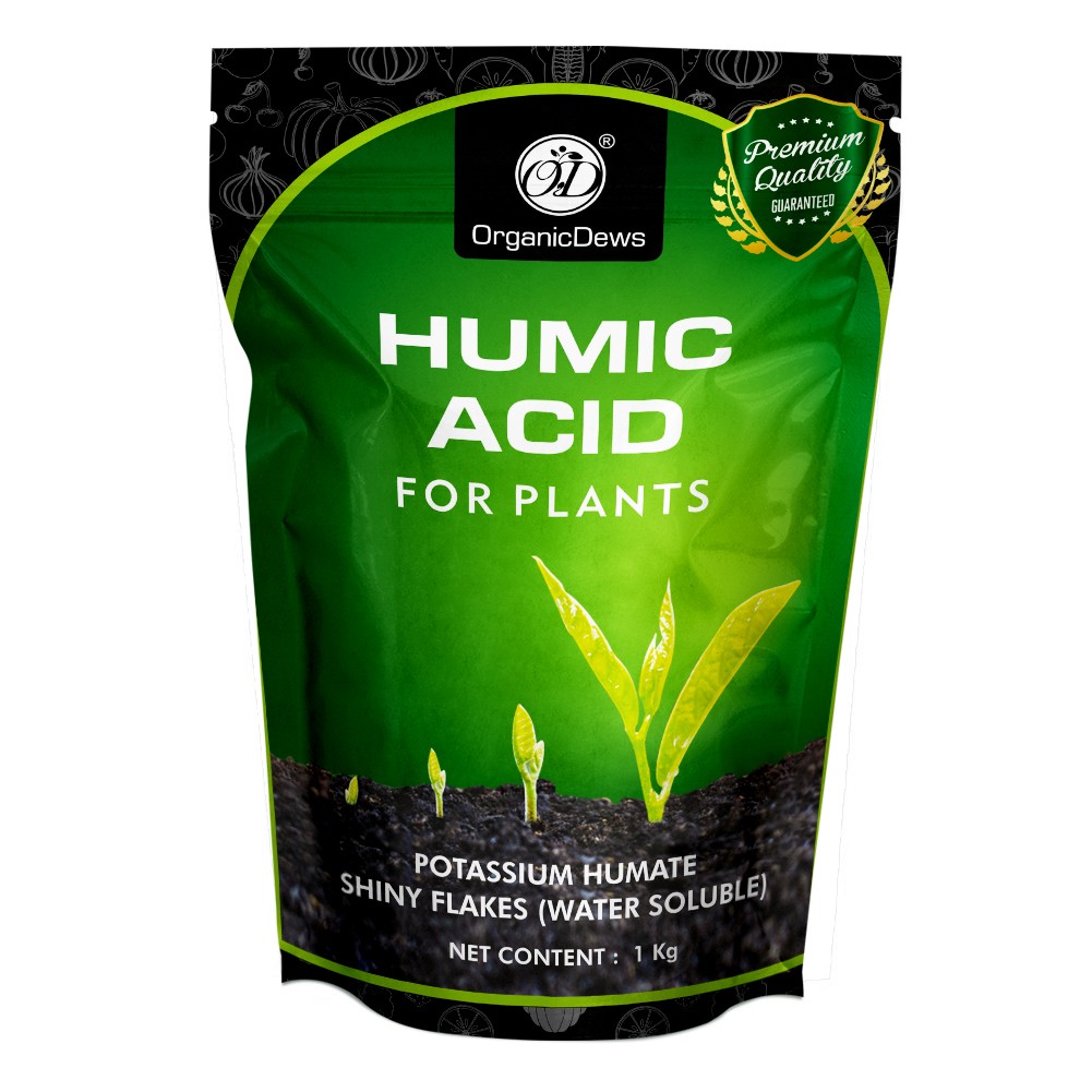 OrganicDews Organic Humic Acid Bio Stimulant (Water Soluble) Shiny Flakes For Plants 1 Kg - Plant Growth Enhancer, Soil Conditioner, Improves Plant Root System